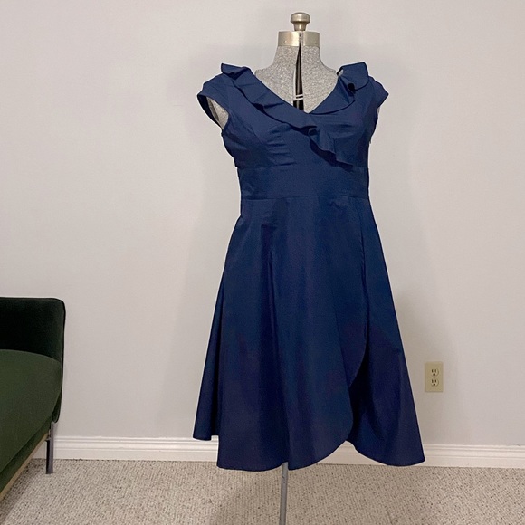 eshakti Dresses Navy Faux Wrap Cotton Dress With Ruffle And Petal